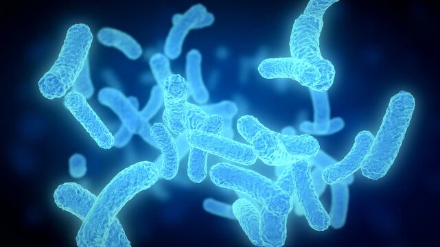 Electric cyan rod shaped bacteria glowing with bloom, drifting and tumbling in a dense cluster on dark navy, microbiology and infection animation