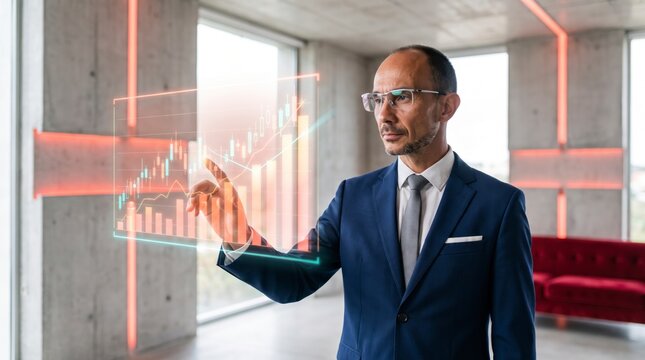 Farsighted wealth advisor pointing at candlestick stock chart hologram in modern office
