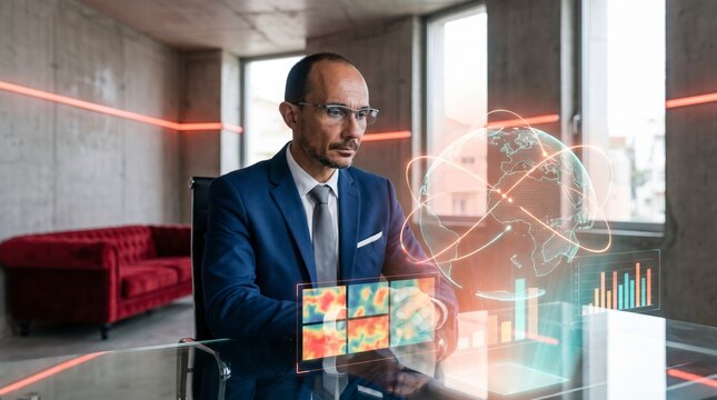 Resourceful global analyst studying worldwide market globe and heatmap hologram at glass desk