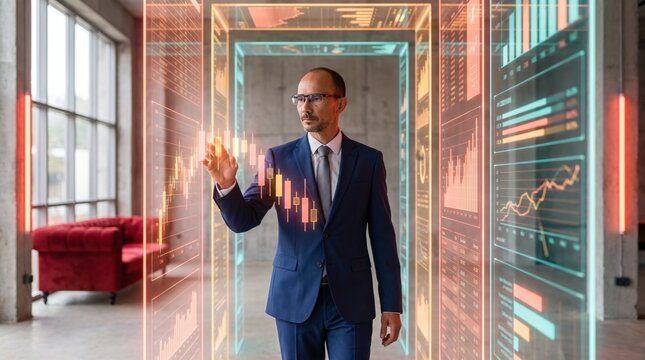 Pioneering financier stepping through futuristic trading interface made of glass hologram panels