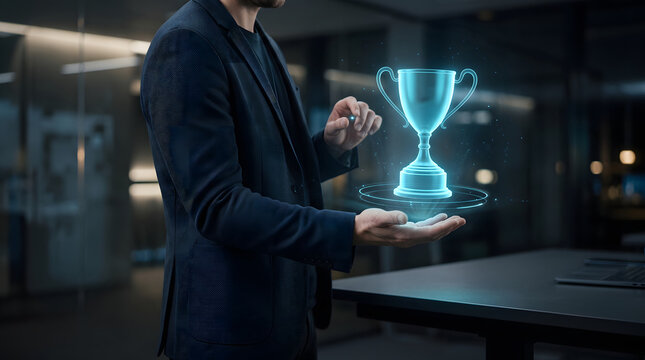 A businessman interacting with a glowing digital trophy projection in a modern dark office environment