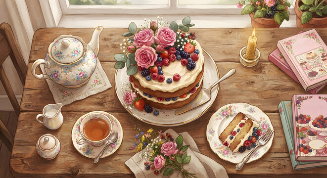 A cozy afternoon tea setting with a layered berry cake and floral decor