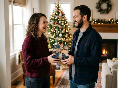 Couple exchanging a Christmas gift in a cozy living room with a decorated tree