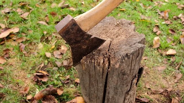 Person hitting tree stump with axe while chopping firewood outdoors in autumn