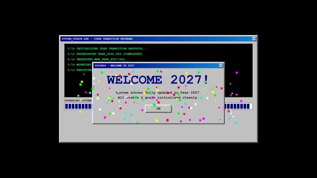 Retro 90s computer operating system window updating to 2027 isolated on transparent background.