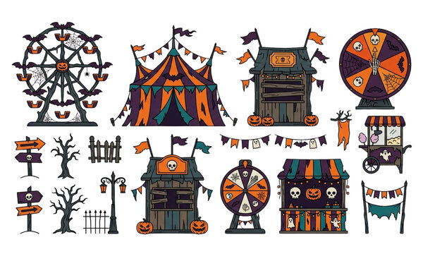 Hand drawn Halloween amusement park set featuring spooky ferric wheel circus tent and haunted stalls,