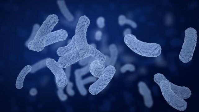 Pale blue bacteria drift in soft focus over a deep blue field with blurred bacilli behind, shallow depth of field microscope view for science, health