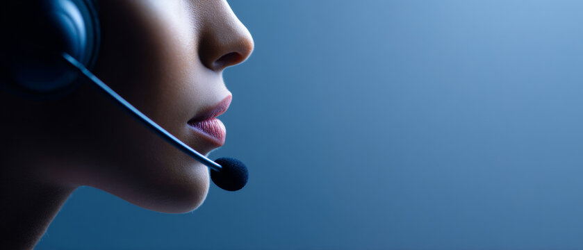A woman wearing a headset with the microphone close to her mouth, against a blue background