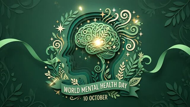 Animated papercut human head with glowing floral brain concept