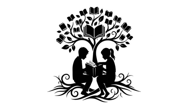Black silhouette graphic of children reading under a knowledge tree with turning pages