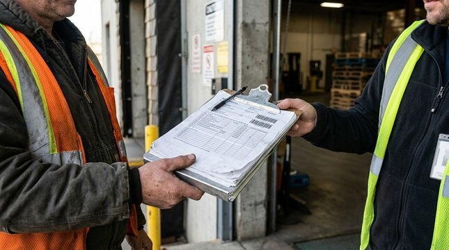 Truck driver handing delivery paperwork to a dock clerk, freight receiving and proof of delivery