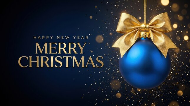 Merry christmas and happy new year greeting card with blue bauble and golden bow on dark background