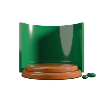 A curved green backdrop with a brown stage and two green objects on the base.