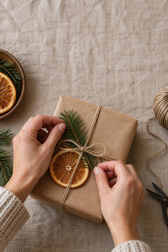 Hands adding a fir sprig to a naturally wrapped Christmas gift