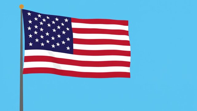 Animated American flag waving on pole against solid blue background in flat vector style