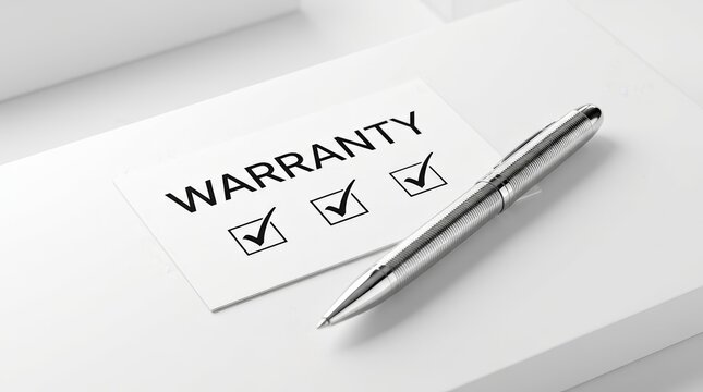 Close-up of a white warranty card with checkboxes and a decorative metallic pen.