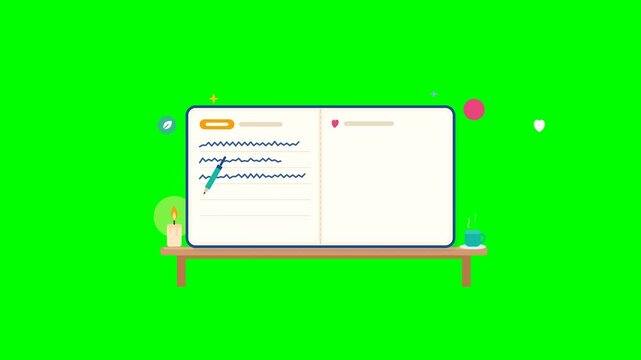 Animated notebook writing diary entries on green screen
