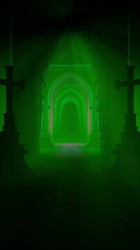 Gothic corridor with changing colored light, vertical 3D animation