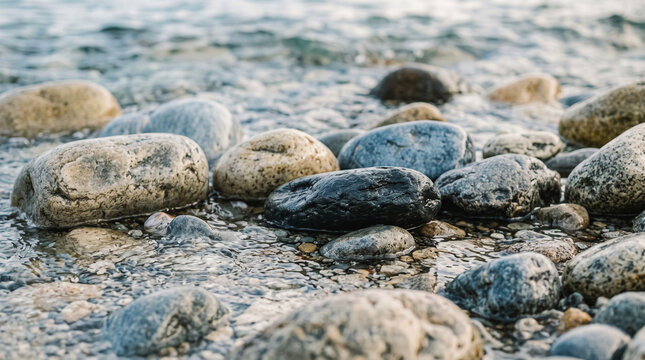 stones along shoreline with water splashing over pebbles