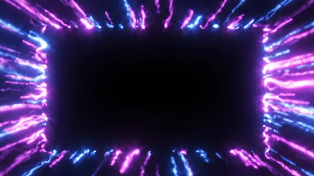 Animated neon light streaks racing along frame borders with large black center space, motion graphics background