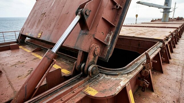 Hatch cover opening on a cargo ship, bulk carrier operations and maritime shipping