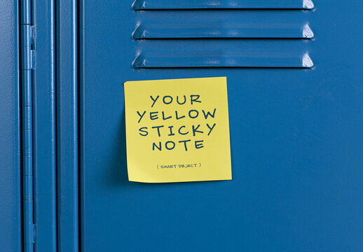 Yellow Sticky Note on Blue Metal Locker Mockup