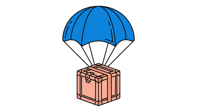 Airdrop delivery box with blue parachute on white background