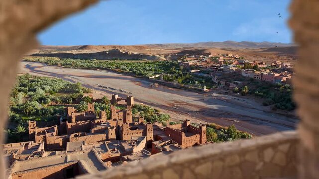 Ait Ben Haddou, Ksar or fortified village in Ouarzazate province, Morocco. Timelapse from Ait benhaddou kasba, Ouarzazate Morocco. Ait Ben Haddou is Unesco world heritage site in Morocco