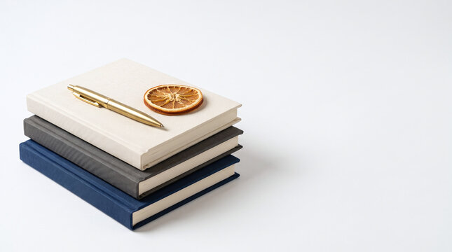 Stack of Three Hardcover Notebooks with Gold Pen and Dried Orange Slice on white background