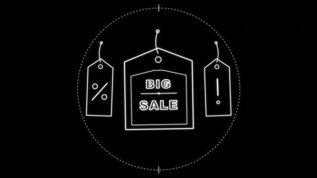Mega discount big sale animated tags on black background. 4k