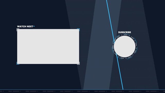 Professional clean broadcast end screen overlay with sliding geometric panels, precision corporate layout, and transparent cutouts for video and subsc.