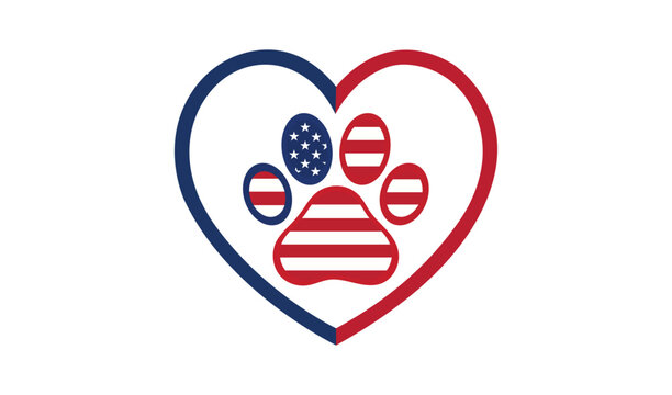 Patriotism love heart with american flag and paw prints pet holiday