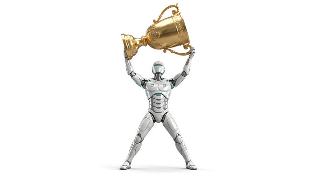 Futuristic robot holding golden trophy cup isolated on transparent