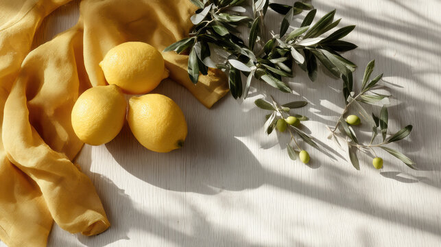 Three fresh lemons and olive branches on pale whitewashed oak table with yellow fabric, natural sunlight shadow