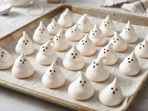 Delightful homemade ghost meringue cookies lined up on a baking sheet, ready for a Halloween celebration. Sweet and spooky treats, perfect for festive parties and seasonal fun