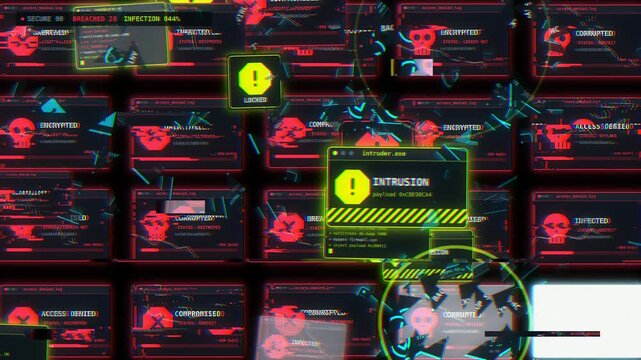 Security windows quickly get infected by malware alerts showing red virus warnings and total system failure. Motion design.