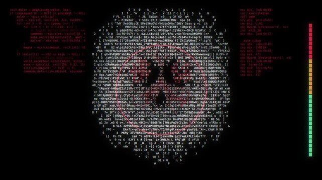 Red hacker code displays a digital skull silhouette during a severe cyber attack and system security breach overlay. Motion design.