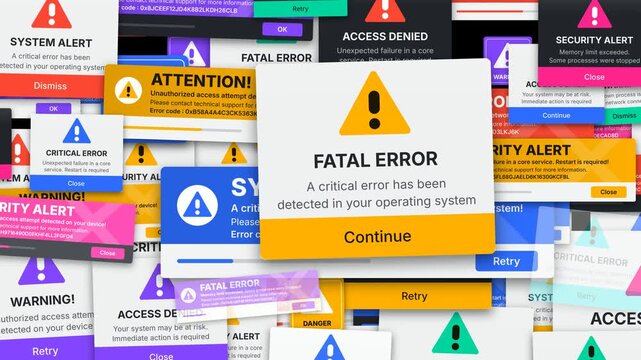 System error popups and security alerts cascade across screen warning about memory limits and unauthorized access attempts. Bright colourful attention signs. Motion design.