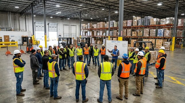 Warehouse safety briefing with workers in high-visibility vests, workplace safety training and toolbox talk