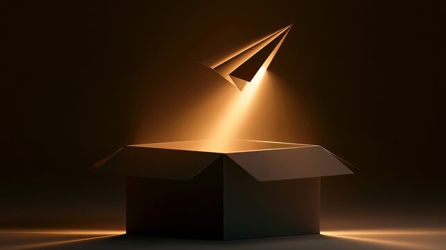 Paper airplane emerging from a box, symbolizing innovation, ambition, and the pursuit of new opportunities, a commercial concept