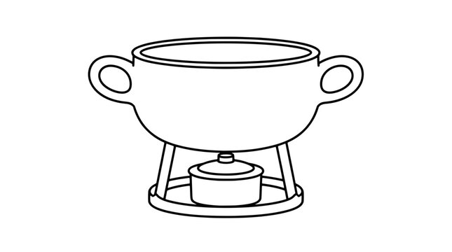 Black outline illustration of a fondue pot with twin side handles round tripod stand and small burner dish drawn with bold lines in front composition capturing the wide bowl shape on plain white