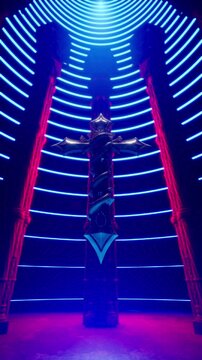 Ornate Cross with blue neon rings in vertical view
