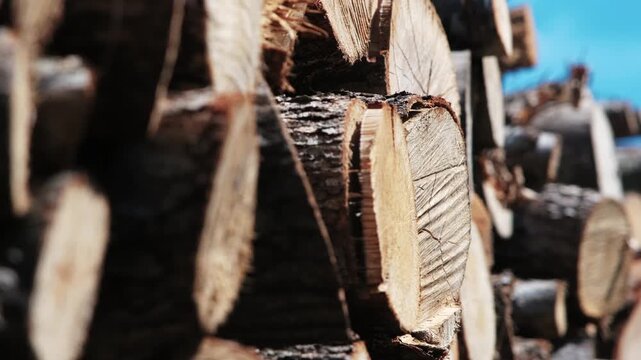 Close up of cut timber ends and rough bark in sunlight