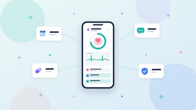 Telehealth smartphone animation with heartbeat ECG monitor, medical appointment, medication and secure data icons, seamless loop