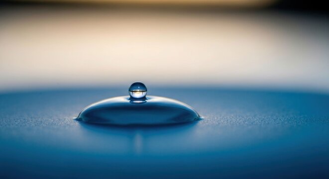 A single, perfect water droplet sits atop a larger, rippling droplet on a cool blue surface, reflecting light