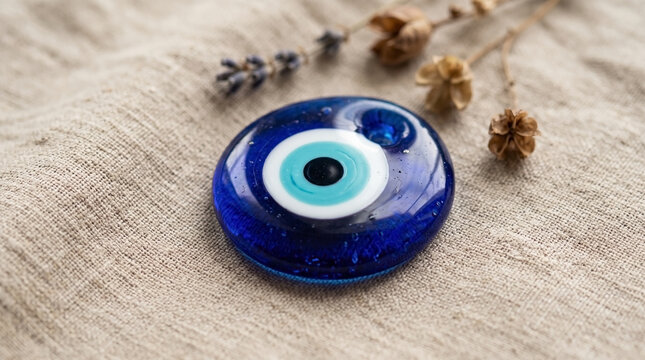 Turkish evil eye bead in blue glass on soft fabric background with dried lavender and flowers. This traditional talisman symbolizes protection and warding off negative energy.