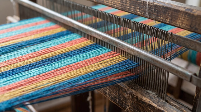 Warp threads on loom with vibrant colors for textile art creation. Crafting vibrant patterns with warp threads on traditional loom highlights creativity in weaving.