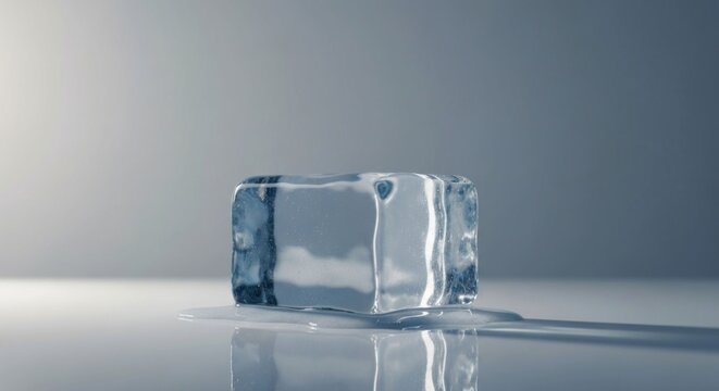 A single, translucent ice cube rests on a reflective surface, subtly illuminated against a muted background