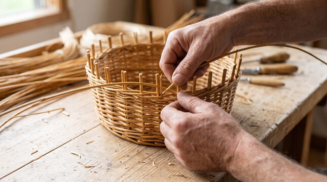 Hands weaving wicker basket showcasing traditional craft techniques in cozy workshop. Wicker basket construction includes natural materials and handmade tools,