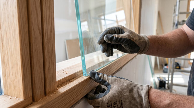 Glass installation in wooden frame by skilled worker, placing glass into wooden window frame with precision. Craftsmanship in glass installation is evident in this construction process,
